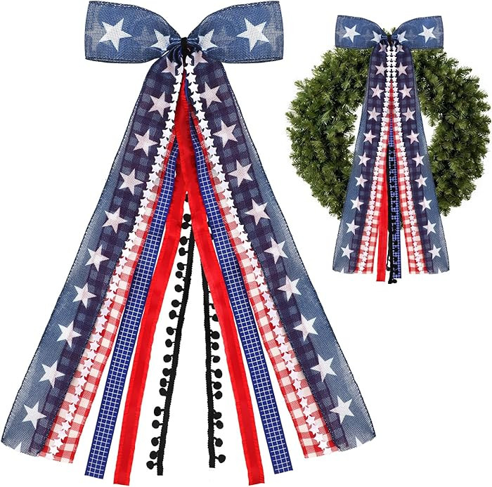 DECYOOL Large Patriotic Wreath Bow, 4th of July Bows 25.6" Red White Blue Star Memorial Day Decor... | Amazon (US)
