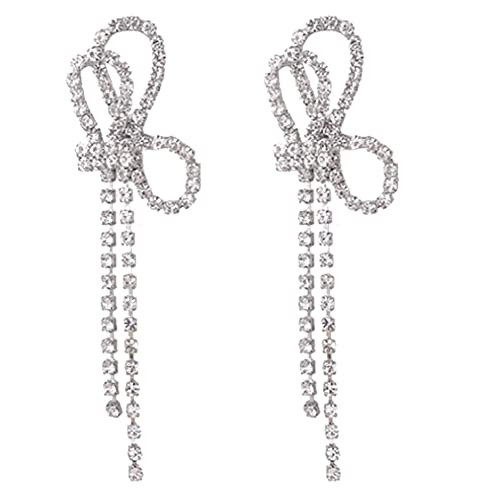 Rhinestones Bow Drop Earrings for Women Silver Crystal Bowknot Tassels Statement Earrings Lightweight Shiny Bar Earrings Set Jewelry（style 2） | Amazon (US)