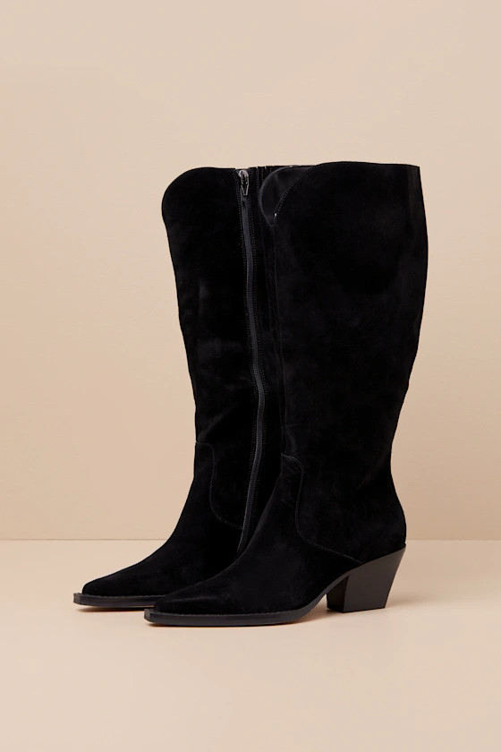 Raj Wide Calf Onyx Suede Leather Pointed-Toe Knee-High Boots | Lulus