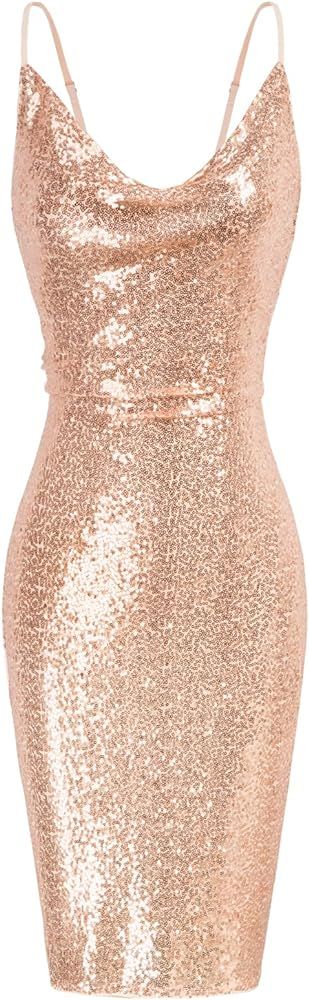 GRACE KARIN Women's Sexy Sequin Sparkly Glitter Cowl Neck Dresses Spaghetti Straps Bodycon Midi C... | Amazon (US)