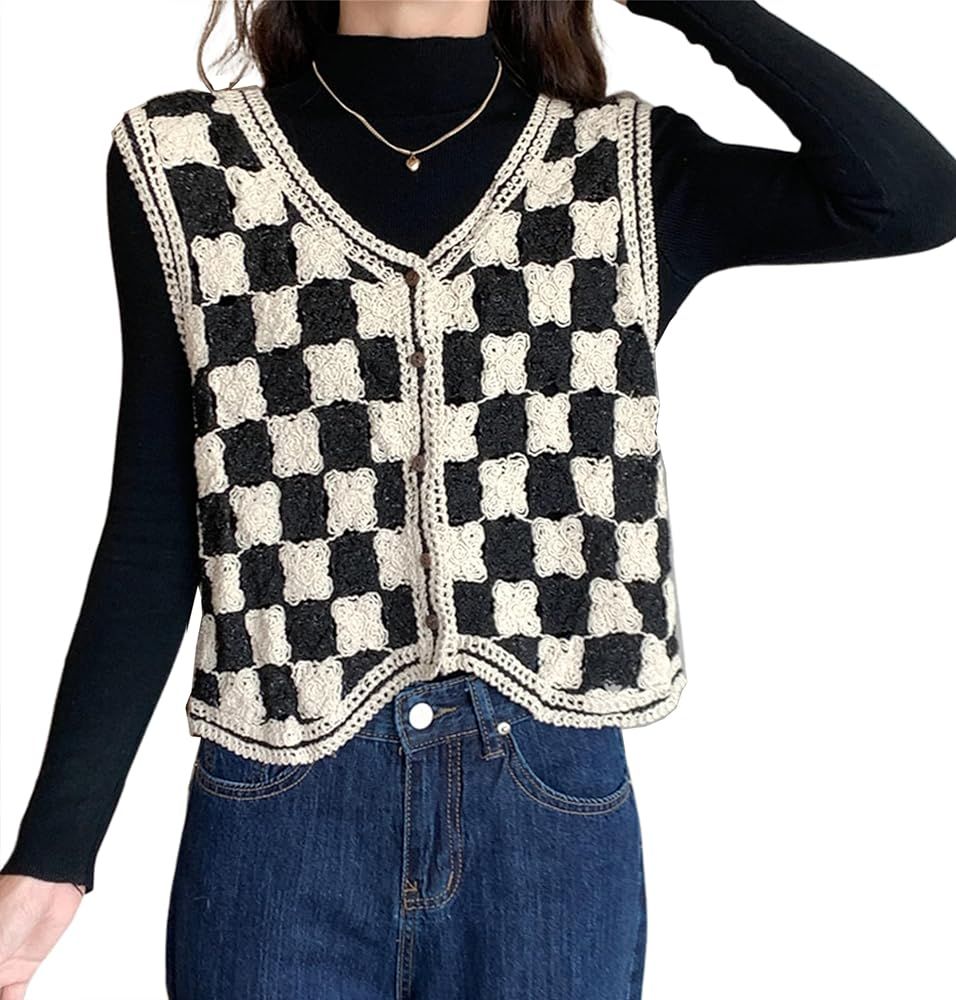 OLAPTA Women’s Sleeveless Knit Sweater Vest Button Down V Neck Hollow Out Checkered Crochet Car... | Amazon (US)