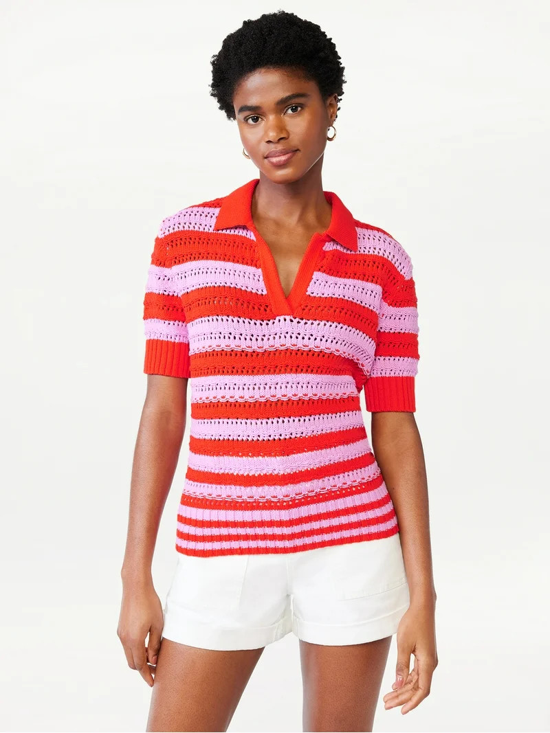 Scoop Women's Openwork Crochet Stripe Polo | Walmart (US)