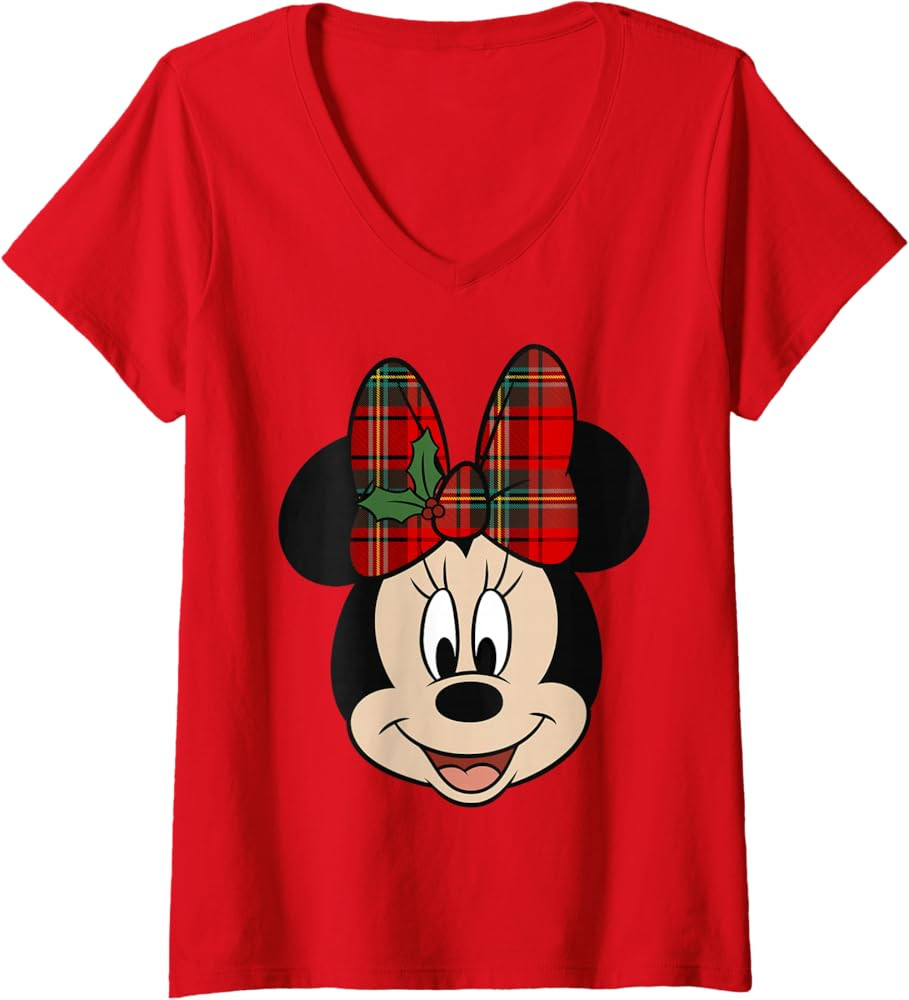 Womens Disney Mickey and Friends Christmas Minnie Mistletoe Bow V-Neck T-Shirt | Amazon (US)