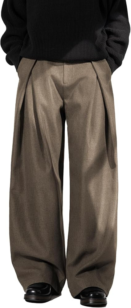 Mens Pleated Wide Leg Old Money Baggy Pants Casual Zipper Fly Pants Elastic Waist Loose Fit Fall ... | Amazon (US)