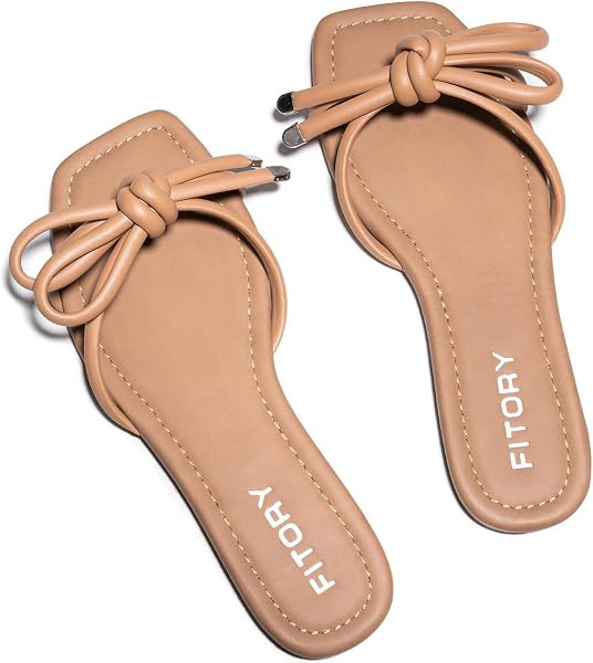 FITORY Women's Flat Sandals Square Open Toe Slide with Cute Knot for Summer | Amazon (US)