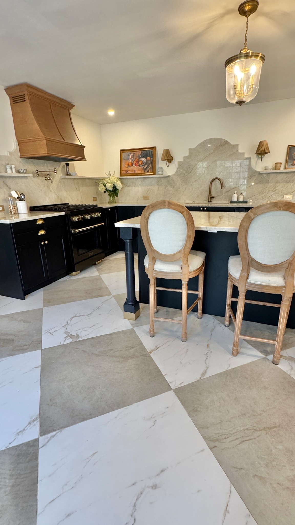 Kitchen, stools, checkerboard tile, sconces 

#LTKHome