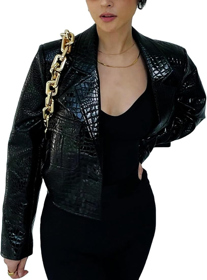Women's Classic Crocodile Faux Laether Black Shiny Blazer Coat Jacket | Amazon (US)