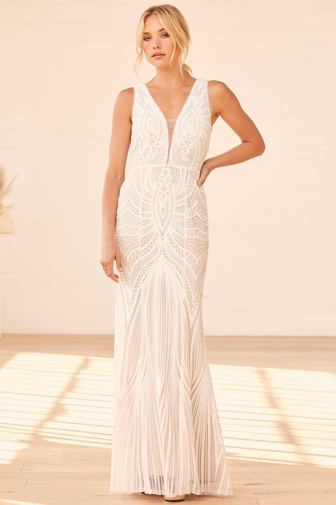 Splendorous Love White and Beige Sequin Trumpet Hem Maxi Dress | Lulus (US)