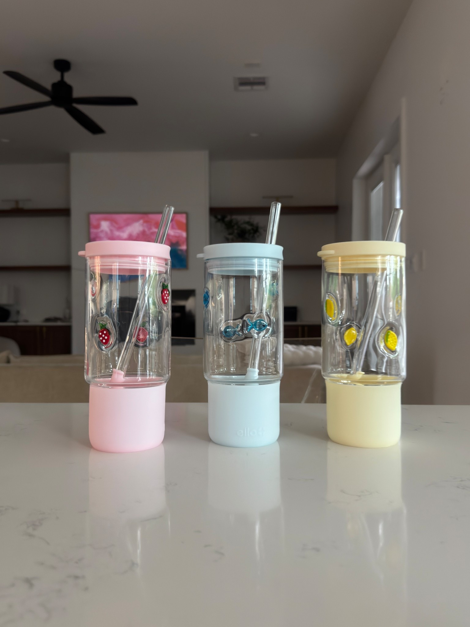A cute cup is motivation to drink more water. I got the blue fish for the boys and lemon for lemon water and the strawberry for pink drinks = girl math 🙂‍↔️
