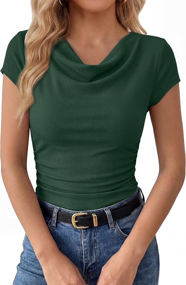 Womens Summer Tops Cowl Neck Short Sleeve Ruched T-Shirts Ribbed Knit Fitted Shirts Business Casu... | Amazon (US)