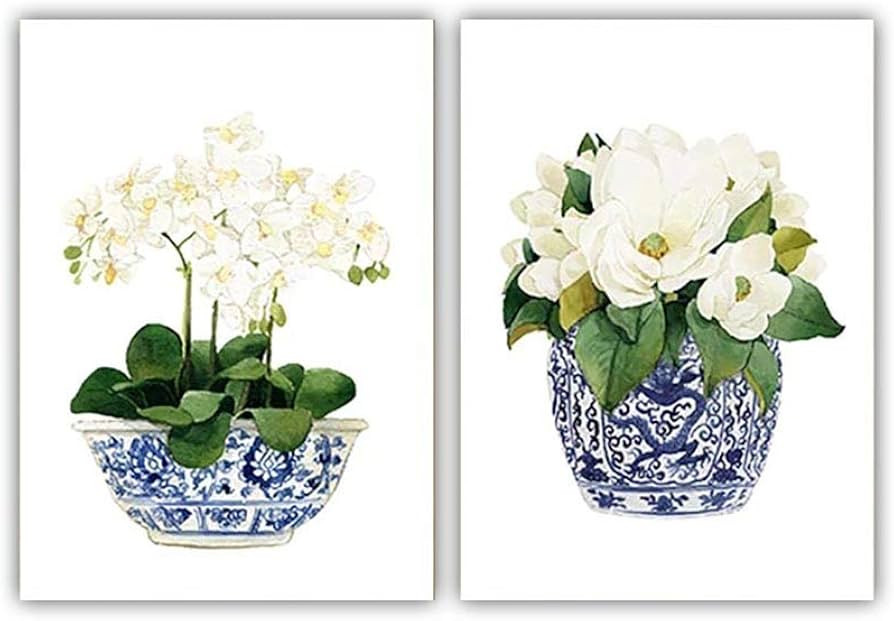 YGYT Flower Canvas Wall Art Magnolia Chinoiserie Oriental Vase Prints Blue White Porcelain Poster... | Amazon (US)