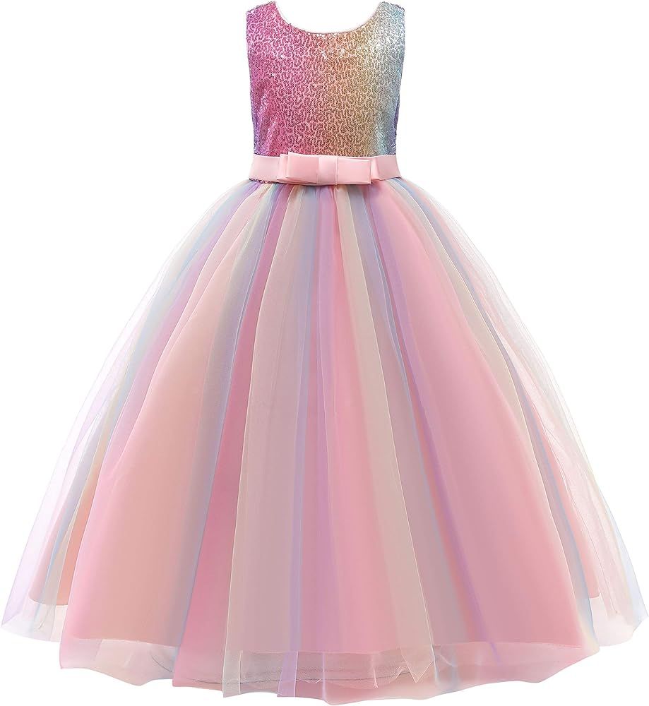 Glamulice Flower Girls Wedding Party Dresses Rainbow Tulle Sequence Sequin Bridesmaid Birthday Pa... | Amazon (US)