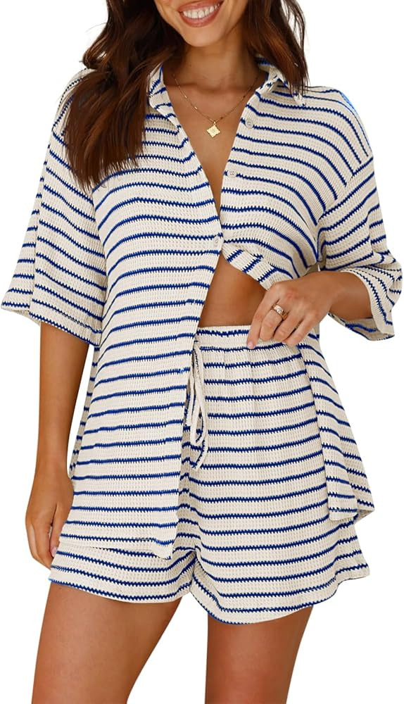 Tankaneo Womens Striped 2 Piece Sets Short Sleeve Lounge Set | Amazon (US)