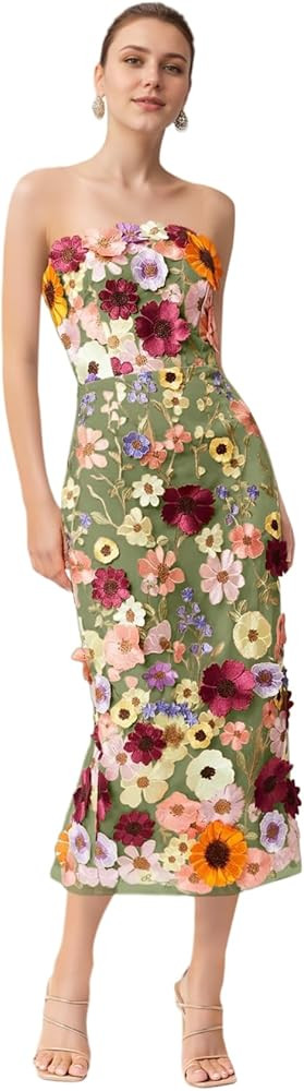 3D Floral Embroidery Prom Dresses for Women Long Strapless Flower Appliques Tulle Formal Evening ... | Amazon (US)