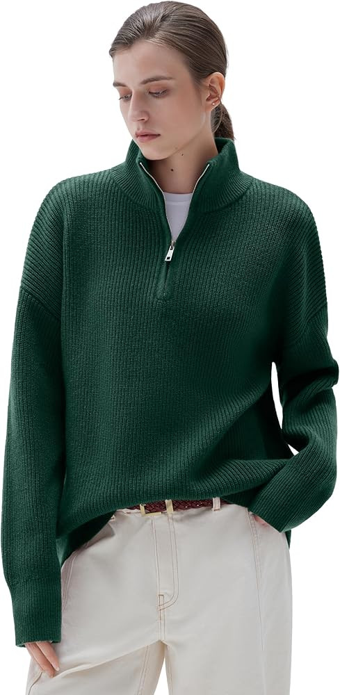 SUUKSESS Women Oversized Cashmere Blend Quarter Zip Pullover Sweater Long Sleeve Collared Ribbed ... | Amazon (US)