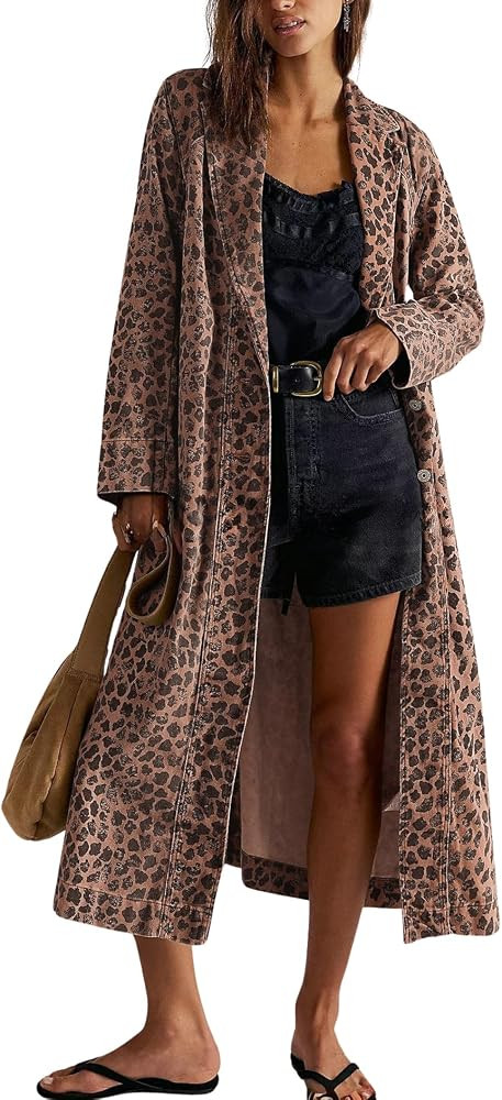 chouyatou Women 2026 Fall Leopard Print Denim Trench Coat Distressed Midi Long Denim Jean Jacket ... | Amazon (US)