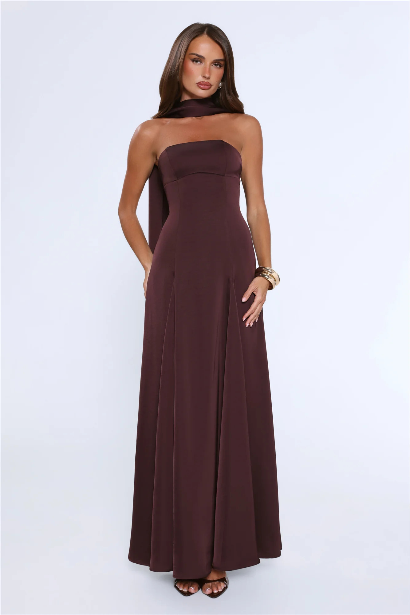 Satin Tempt Strapless Maxi Dress Chocolate | Hello Molly (US)