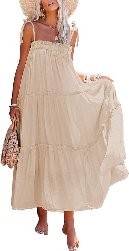 Meenew Women's Spaghetti Strap Long Summer Dress Casual Loose Maxi Beach Dress | Amazon (US)