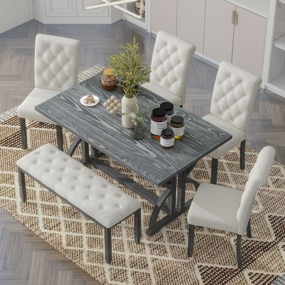 GDFStudio Kent 6 Piece Solid Wood Dining Table Set with Upholstered Chairs and Bench, Gray Wash | Target