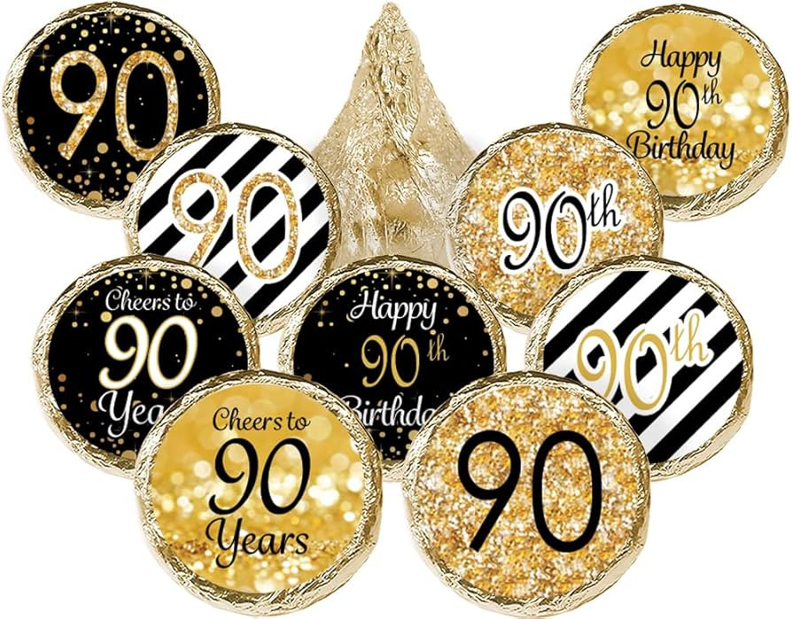 Black and Gold 90th Birthday Party Favor Chocolate Kisses Candy Stickers - 180 Stickers | Amazon (US)