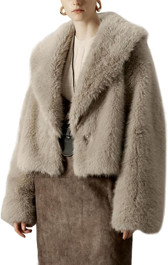 Women Faux Fur Jacket Fluffy Fleece Coat Short Cropped Long Sleeve Lapel Button Down Fuzzy Winter... | Amazon (US)