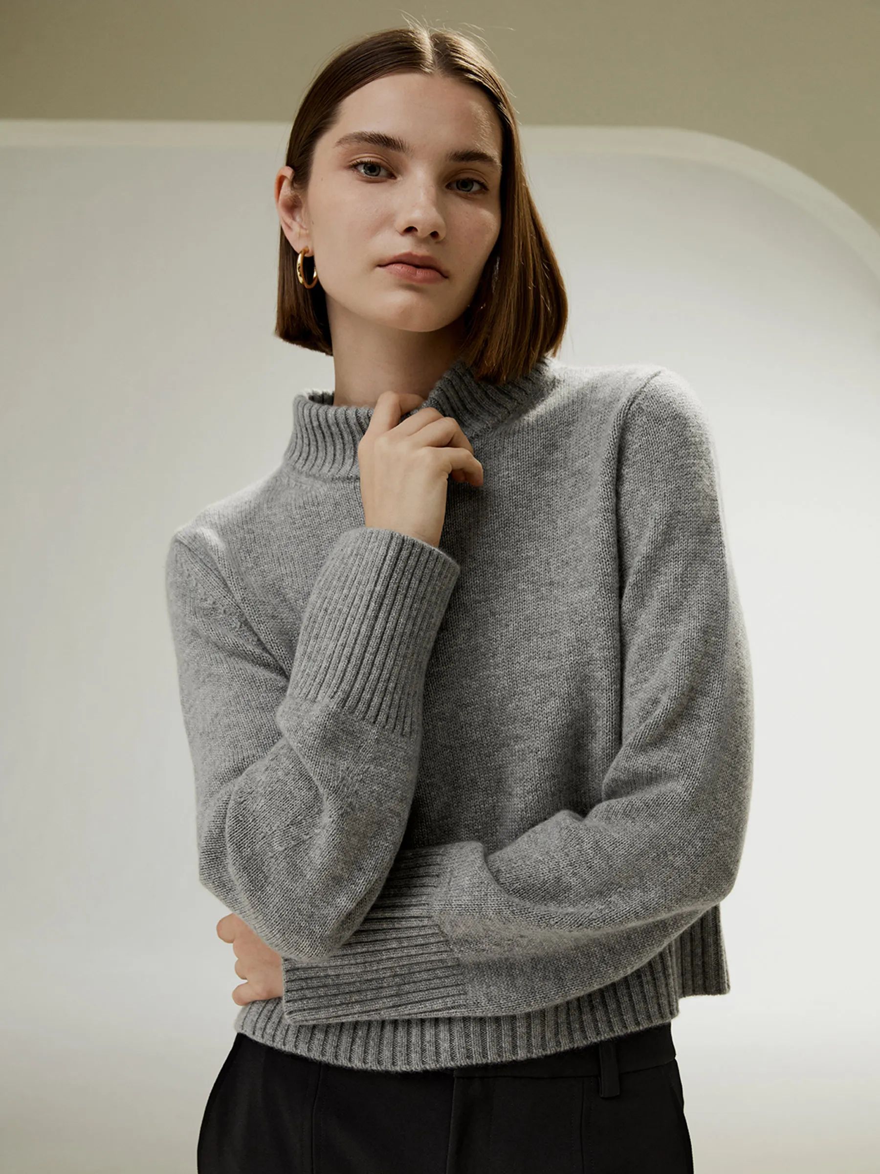 Ribbed Collar and Hemline Wool Cashmere Sweater | LilySilk