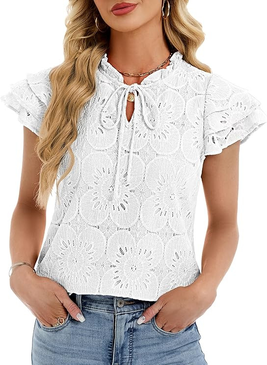 Funlingo Womens Summer Eyelet Tops Dressy Casual Ruffle Cap Sleeve Blouses Hollow Out Crochet Lac... | Amazon (US)