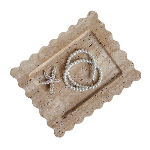 SAIDKOCC Natural Travertine Scalloped Edge Marble Tray, Handmade Decorative Nightstand and Desk Rectangle Tray (Beige Travertine) | Amazon (US)