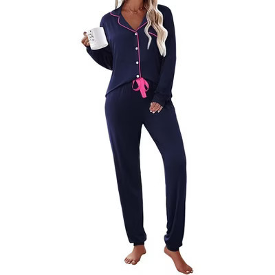 Ekouaer Pajamas Set Long Sleeve Sleepwear Womens Button Down Nightwear Soft Pj Loungewear with Pockets Navy Blue L | Target