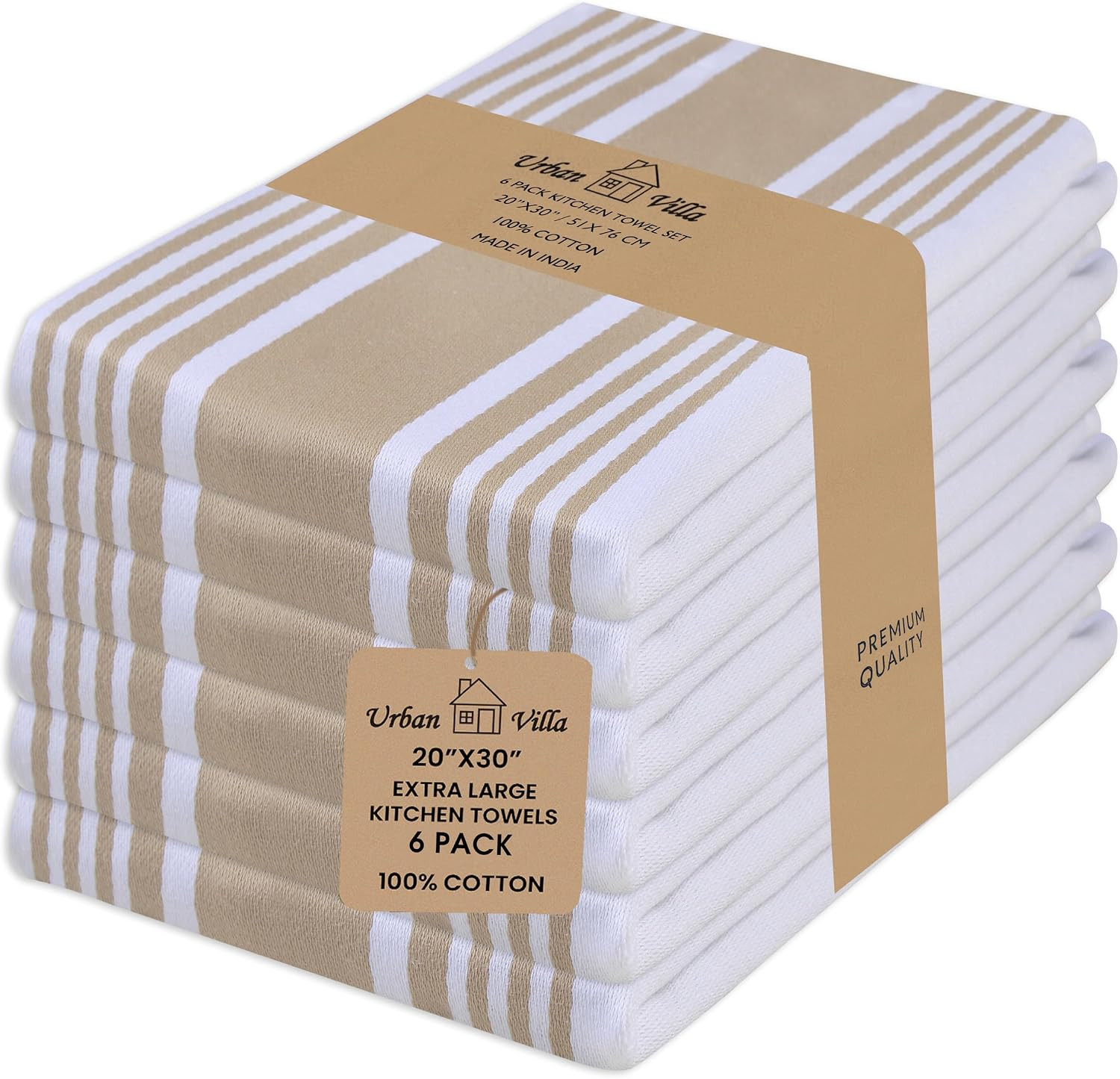Urban Villa Kitchen Towels 100% Cotton Dish Towels for Kitchen (Set of 6)20”x30” Dish Cloths Highly Absorbent Kitchen Linen Set with Hanging Loop Perfect for Drying Dishes Cleaning Towels-Taupe White | Amazon (US)