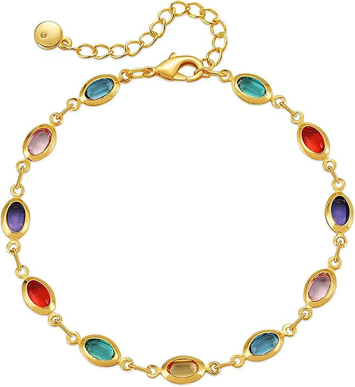 18K Gold Plated Anklet for Women Multicolor Crystal Ankle Bracelets Boho Adjustable Chain Anklets | Amazon (US)