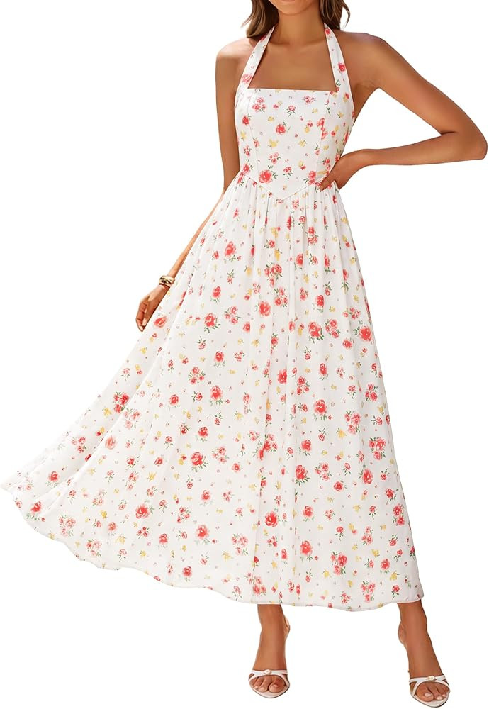 ZESICA Women's Summer Floral Halter Midi Dress 2026 Sleeveless Off Shoulder High Waist Flowy Casu... | Amazon (US)
