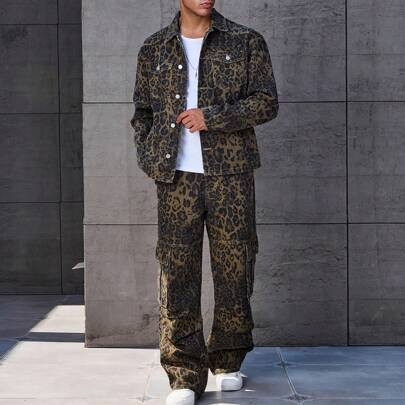Men's Casual Simple Leopard Print Denim Suit | SHEIN