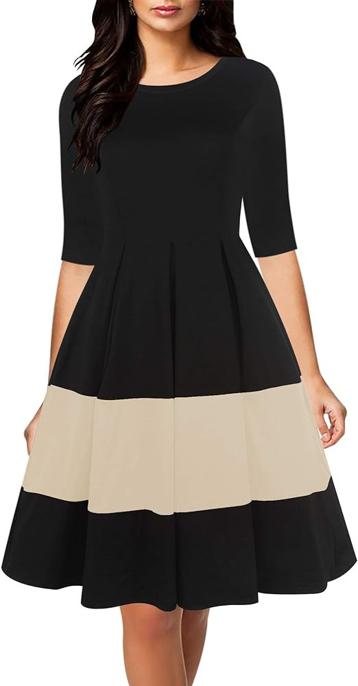 oxiuly Women's Vintage Half Sleeve O-Neck Contrast Casual Pockets Party Swing Dress OX253 | Amazon (US)