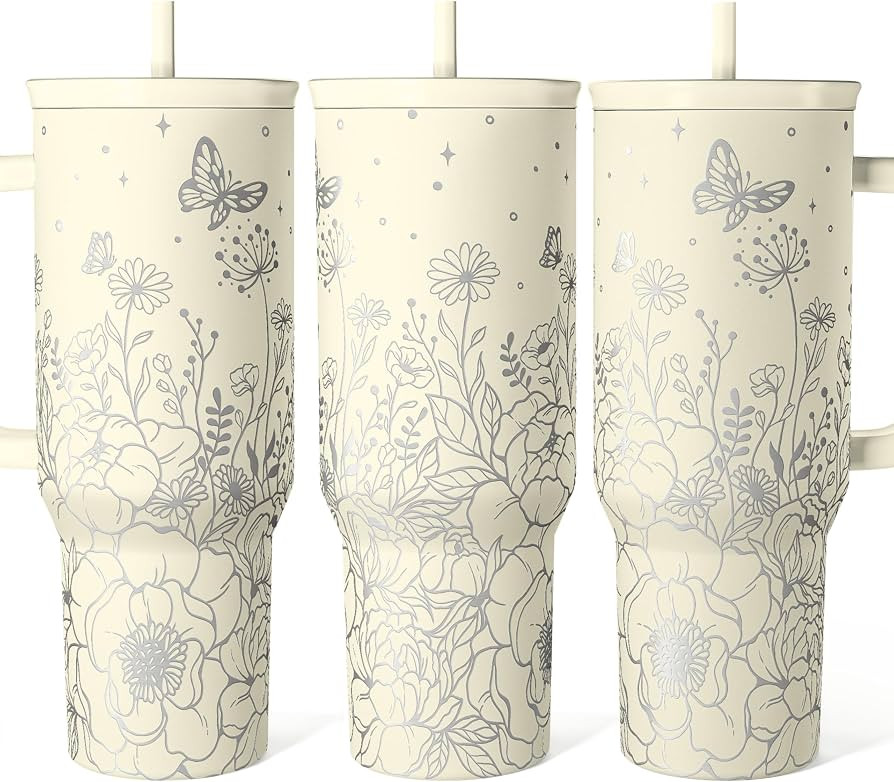 SANDJEST Floral Tumbler with Handle 40oz, Stainless Steel Insulated Tumblers Coffee Travel Mug Cu... | Amazon (US)