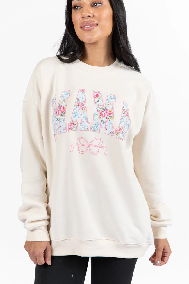 Mama Floral Bow Cream Graphic Sweatshirt | Pink Lily