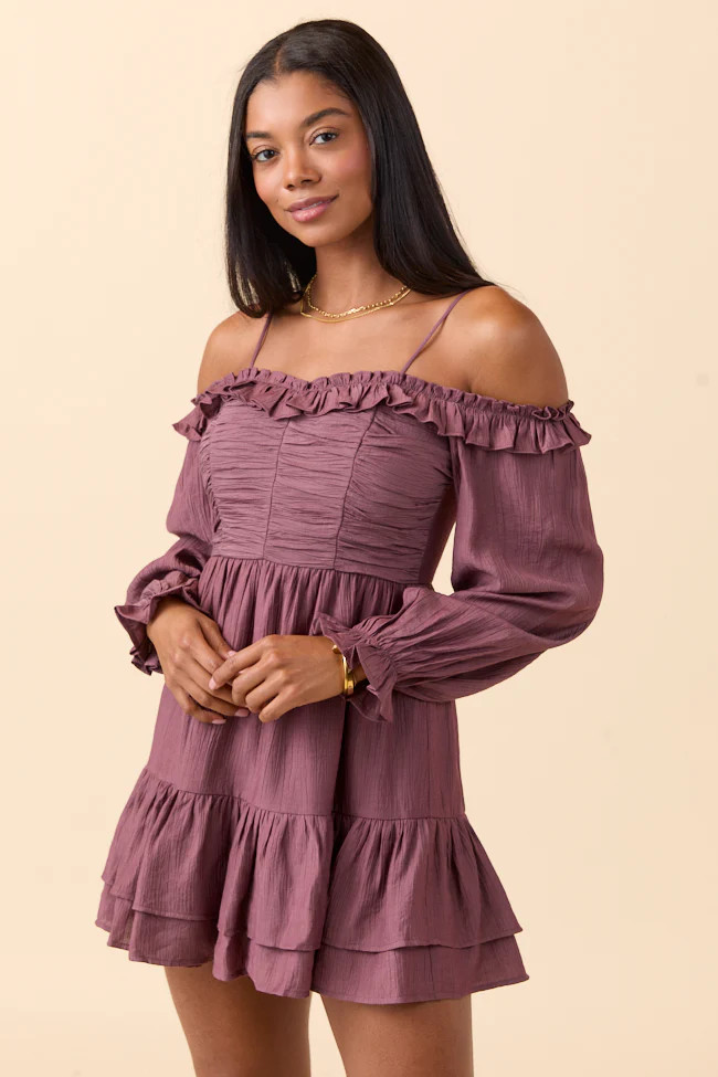 Kenzi Brown Off The Shoulder Mini Dress | Pink Lily
