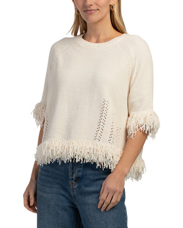 Crew Neck Elbow Sleeve Fringe Edge Sweater | TJ Maxx