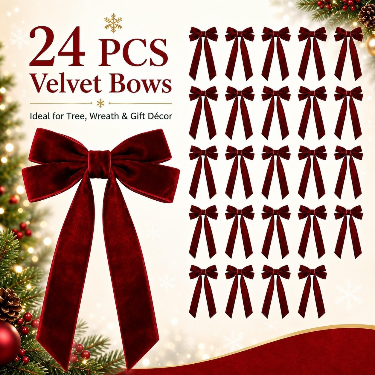COVFEVER Burgundy Velvet Christmas Tree Bows, 24 Pack, 5.1 x 10.2 in | Amazon (US)