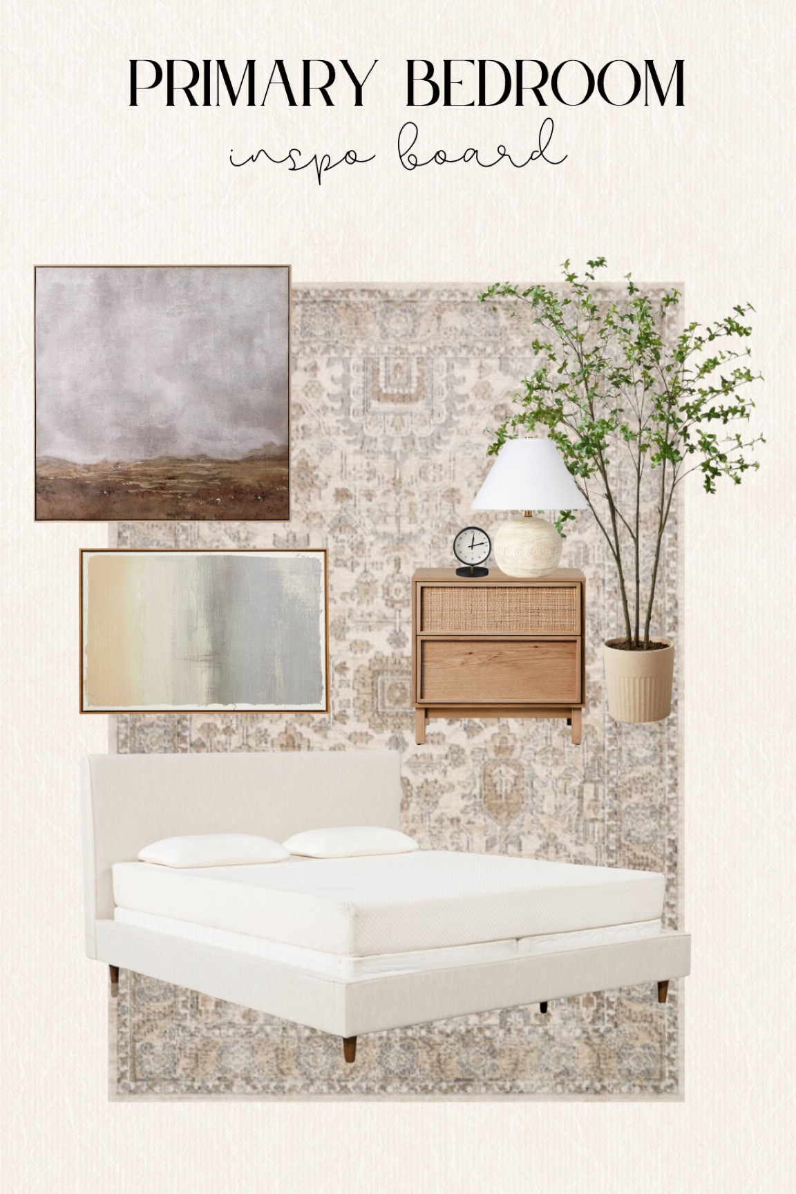 Still working on our primary bedroom at the new house. So far we have our bed frame, rug and this gorgeous, large art print. Other items I’m favoriting are this large plant, nightstand and smaller art piece to go above our bed. 

Bed is from Living Spaces - it’s the Dean Sand King Upholstered Bed. I’m not able to link it here but linked a similar option. 

#LTKhome