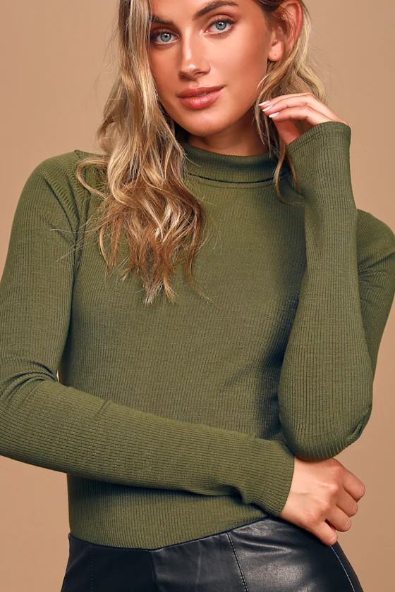 Wilde Olive Green Ribbed Long Sleeve Mock Neck Bodysuit | Lulus (US)