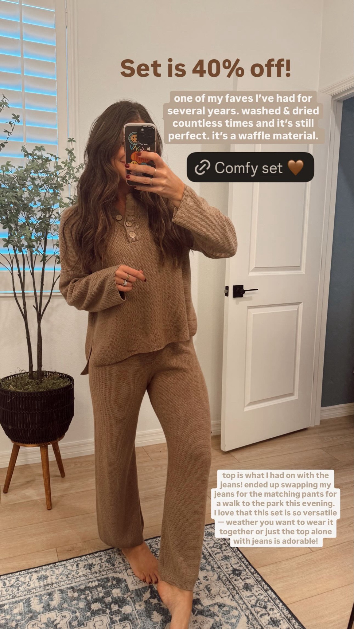 True to size small.
Set is 40% off! one of my faves I’ve had for several years. washed & dried countless times and it’s still perfect. it’s a waffle material.  top is what I had on with the jeans! ended up swapping my jeans for the matching pants for a walk to the park this evening. 
I love that this set is so versatile — weather you want to wear it together or just the top alone with jeans is adorable!