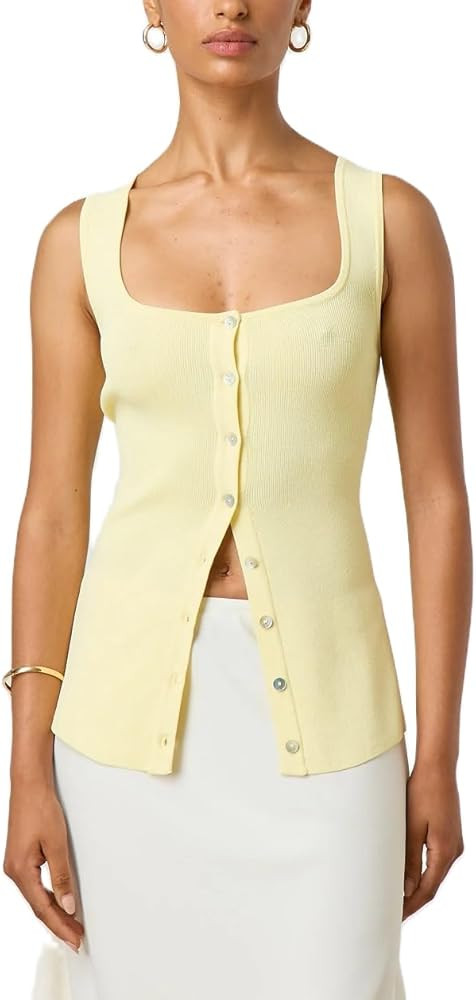 Button Down Tank Tops for Women Textured Ribbed Button Up Vest Top Open Front Sleeveless Fitted G... | Amazon (US)
