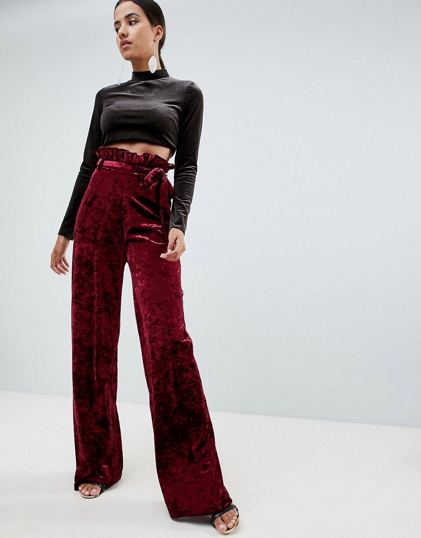 In The Style Sarah Ashcroft crushed velvet paperbag waist pants - Red | ASOS US