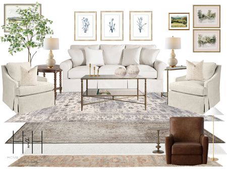 Just created this traditional living room mood board design for a HwH client! Recommending the Baldwin Upholstered Sofa from Ballard Designs in Danish Linen Natural with the Candace Upholstered Chair in Danish Linen Natural. 
Living room furniture, neutral sofa, rolled arm sofa, wall art, wall decor, landscape art, framed art, glass coffee table, round accent end table, round end table, wood end table, brass end table, drink table, area rug, accent rug, neutral area rug, set of lamps, white lamp, artificial tree, accent chair, leather chair, floor lamp. 
#livingroom #moodboard #furniture 

#LTKFind #LTKstyletip #LTKhome