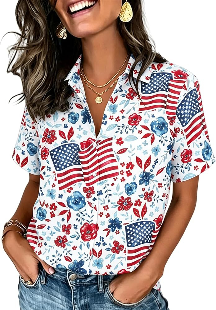 American Flag Shirt Women Patriotic Hawaiian Shirts 4th of July Tops Red White Blue Hawaii Floral... | Amazon (US)