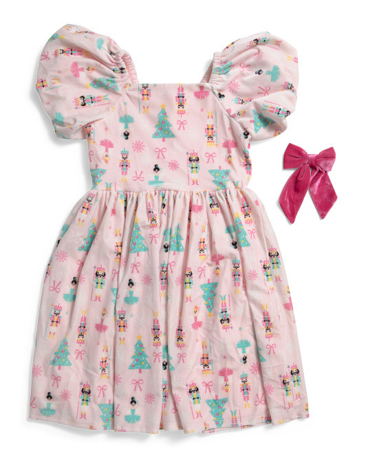 Girls Christmas Print Puff Sleeve Dress With Hair Bow | TJ Maxx