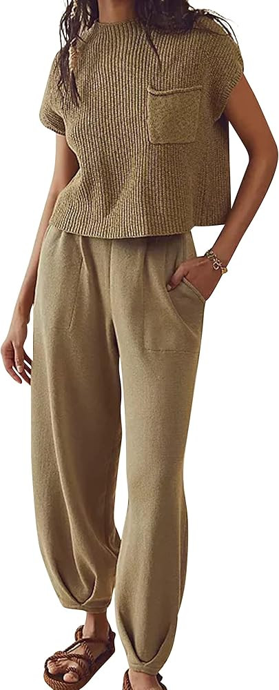 SAFRISIOR Women Two Piece Outfits Sweater Set Sleeveless Sweater Vest Pullover Knit Top And High ... | Amazon (US)