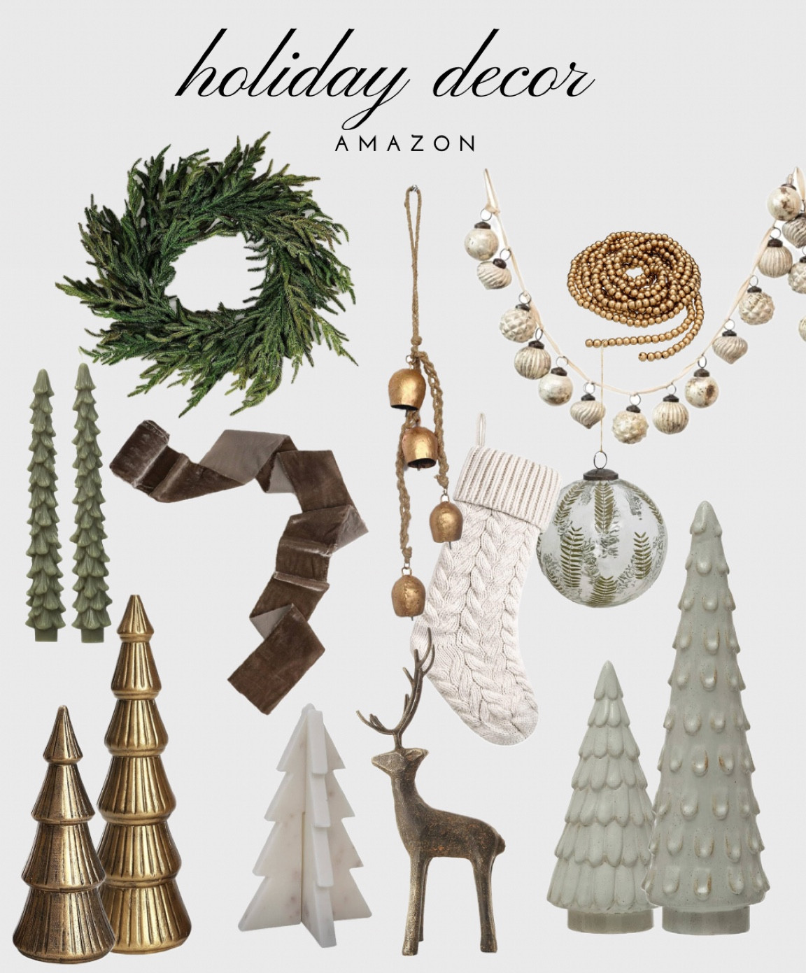 Amazon Holiday Decor | affordable holiday decor | neutral holiday decor; gold wooden bead garland; cream knit stocking; creative co-op hand blown glass ornament with embedded botanicals; brown velvet ribbon fridge edge; interlocking marble tree; wooden tree figurine gold; iron reindeer figurine; gold hanging bell garland; stoneware glazed tree figurine; Mercury glass ball ornament garland; Norfolk pine real touch wreath 

#LTKHoliday #LTKHolidaySale #LTKSeasonal
