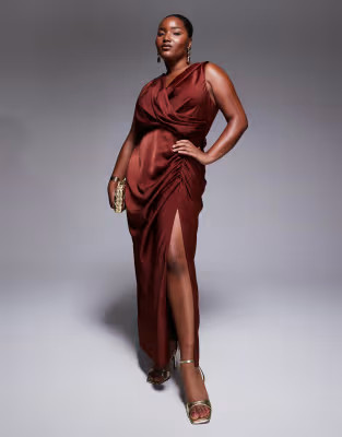 ASOS DESIGN Curve satin drape front split detail maxi dress in chestnut brown | ASOS | ASOS (Global)